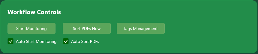 MySorty workflow controls: start monitoring, sort PDFs, tags management