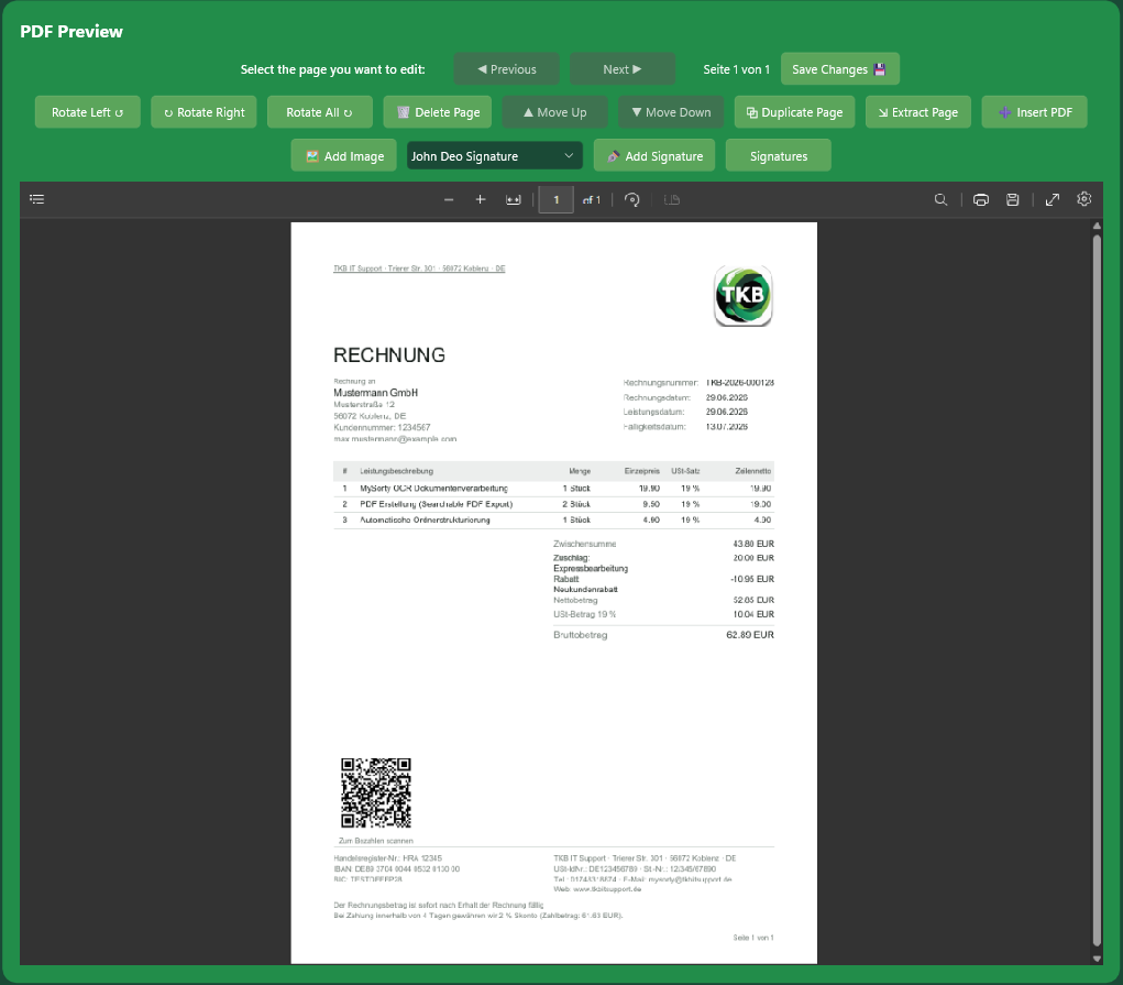 MySorty PDF preview with tools to rotate, delete and sign