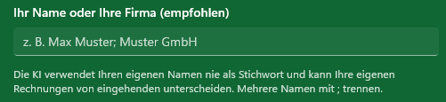 MySorty KI-Einstellung: Ihr Name oder Ihre Firma
