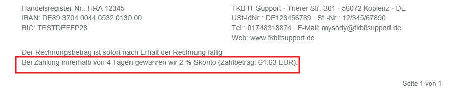 Invoice with early payment discount note: 2 % within 4 days