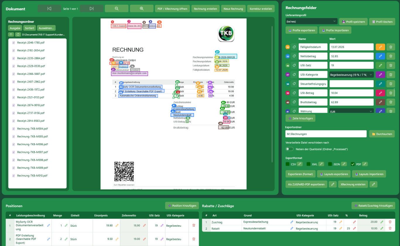 MySorty invoice capture with coloured zone markings on the invoice
