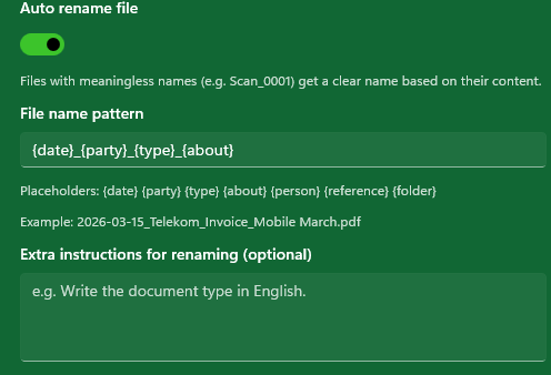 MySorty AI setting: auto rename file, with file name pattern