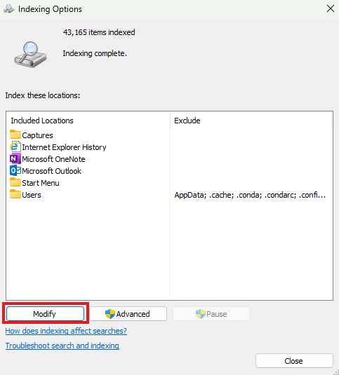 Windows Indexing Options with the Modify button