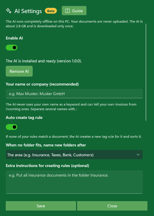 MySorty AI settings overview