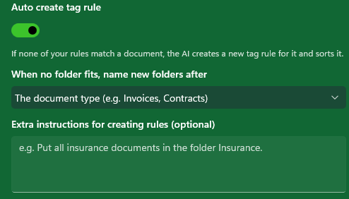 MySorty AI setting: auto create tag rule