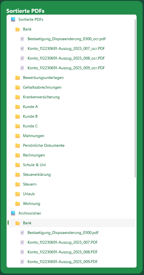 MySorty folder view of the sorted PDFs