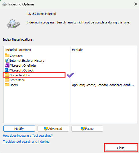Windows Indexing Options including the Sorted PDFs folder