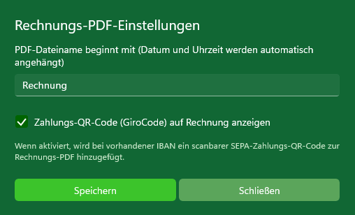 MySorty Rechnungs-PDF-Einstellungen mit Zahlungs-QR-Code (GiroCode)