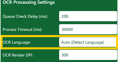 MySorty OCR settings with OCR language Auto (detect language)