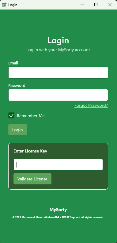 MySorty login window with license key