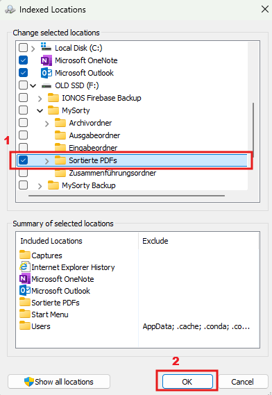 Windows indexed locations: select the Sorted PDFs folder