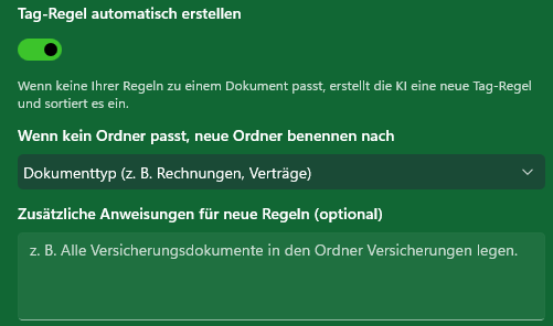 MySorty KI-Einstellung: Tag-Regel automatisch erstellen