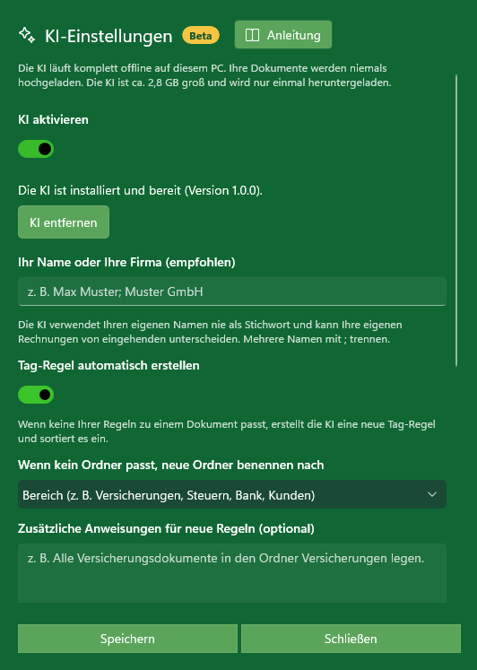 MySorty KI-Einstellungen Übersicht