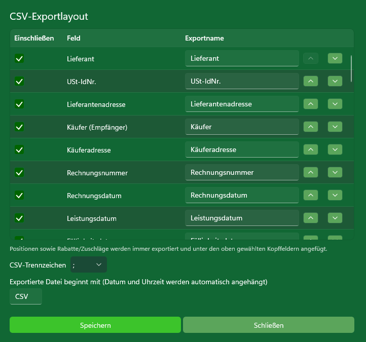 MySorty CSV export layout