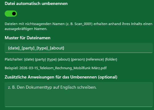 MySorty KI-Einstellung: Datei automatisch umbenennen, mit Muster für Dateinamen
