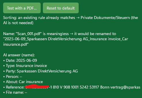 MySorty AI test with a PDF: recognized details and new file name