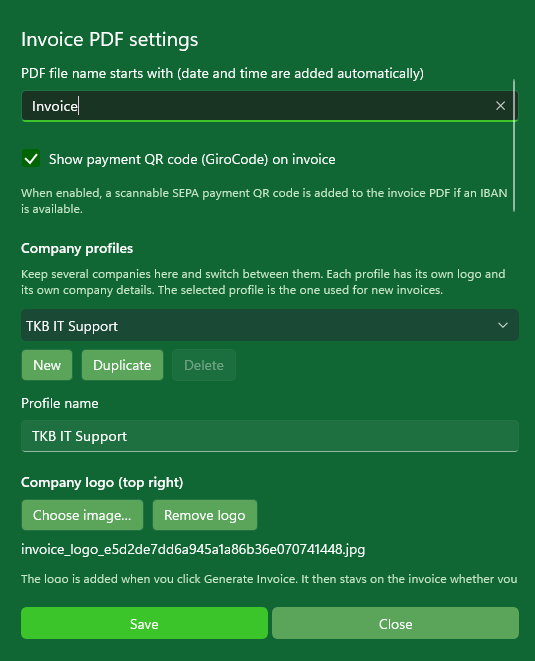 MySorty invoice PDF settings with payment QR code (GiroCode)