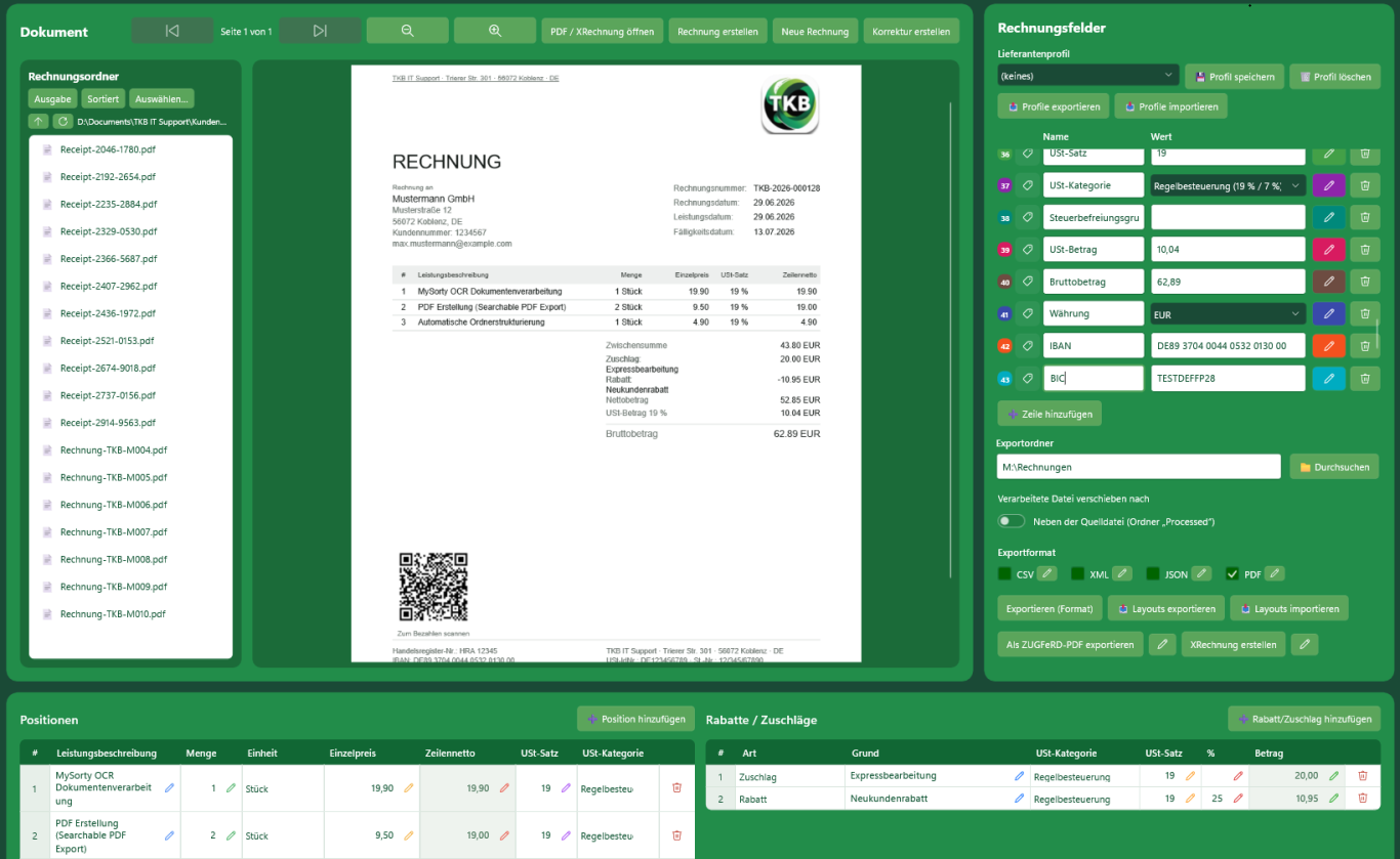 MySorty invoice capture: opened invoice with invoice fields and line items