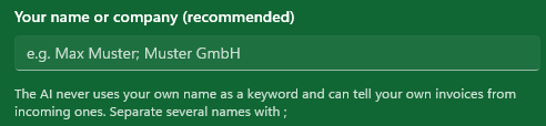 MySorty AI setting: your name or company