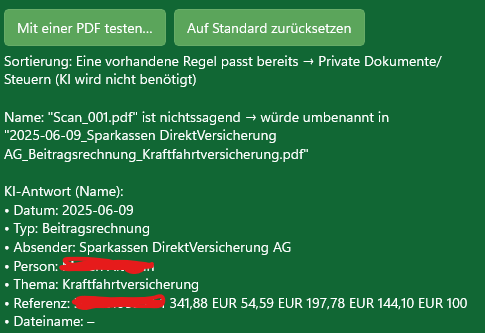 MySorty KI-Test mit einer PDF: erkannte Angaben und neuer Dateiname