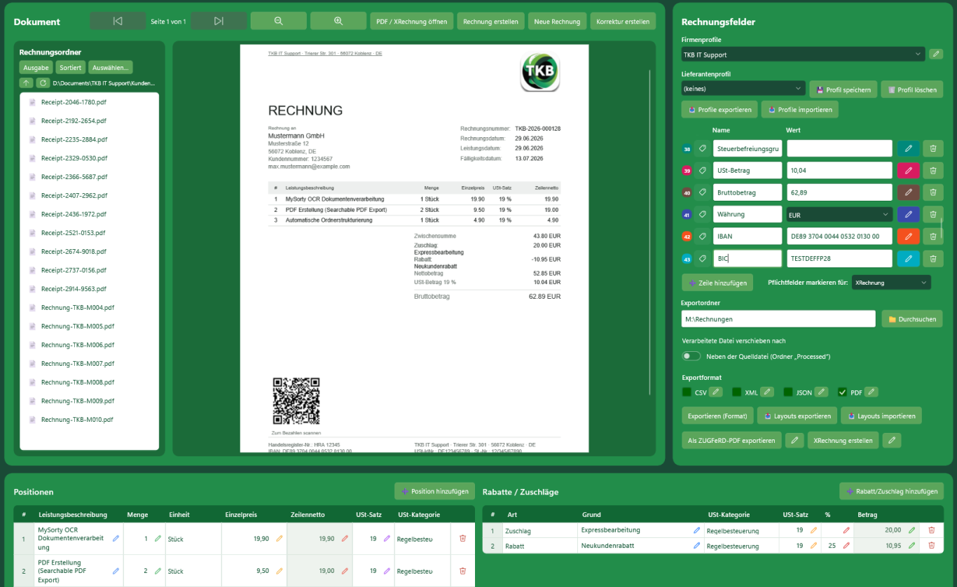 MySorty E-Rechnung Export als ZUGFeRD und XRechnung
